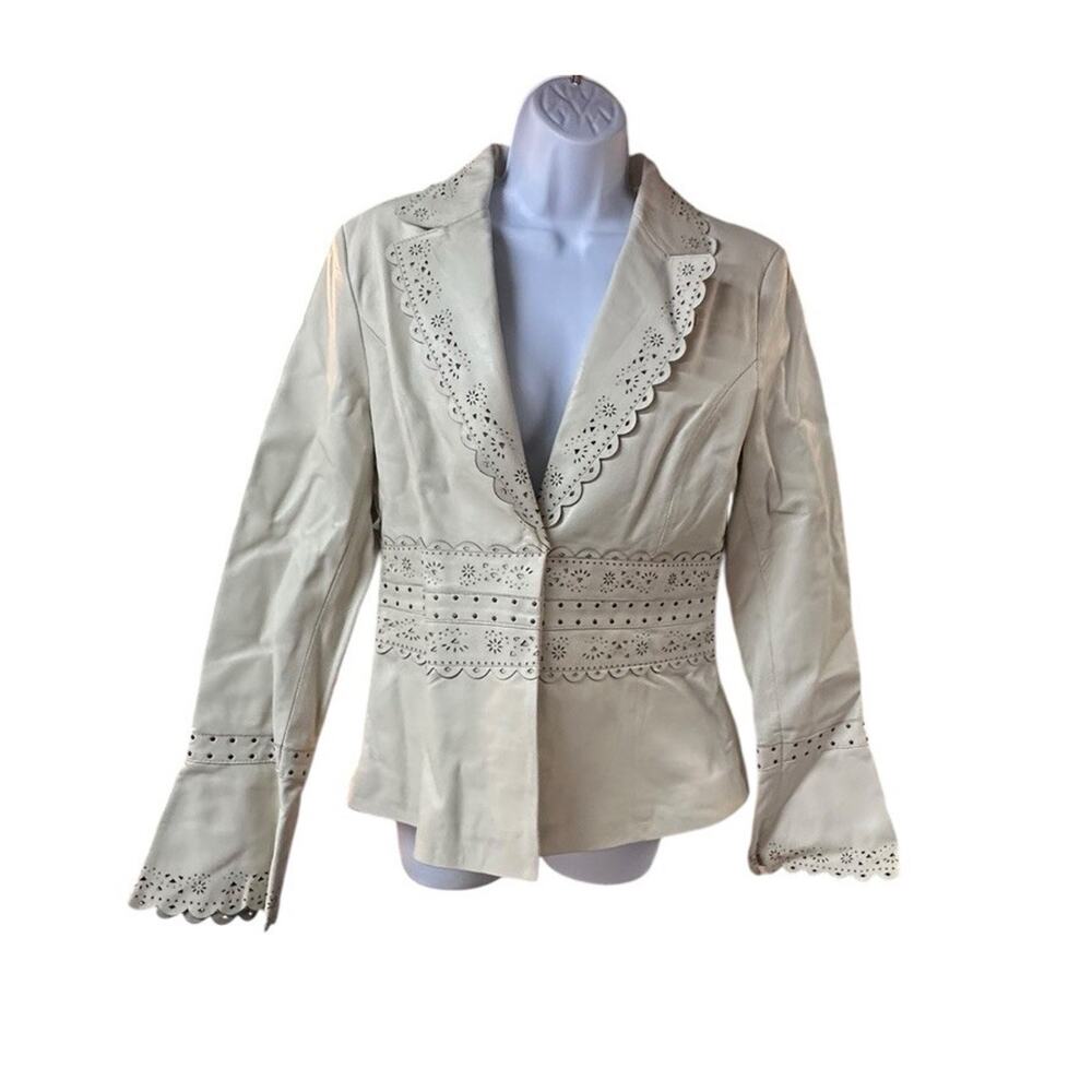 VTG Georgiou Studio Leather Jacket Laser Cut Eyelet Boho Western Size 12 NWT